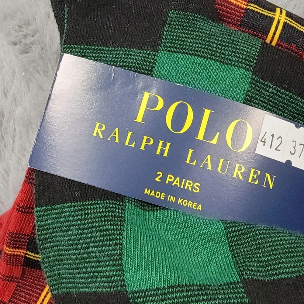 Polo Ralph Lauren Socks Mens 10-13 Red Green Plaid Pony Crew 2 Pairs Mid Calf